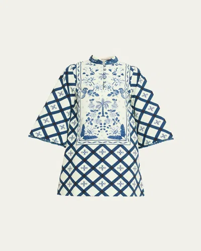 Verandah Palm Azulejos Mini Kaftan Dress In Blue