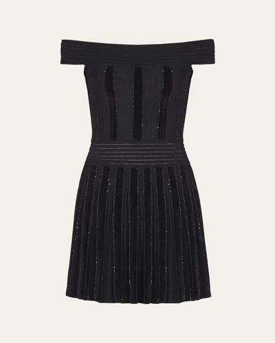 Balmain Off-the-shoulder Metallic Velvet Pleated Knit Mini Dress In Black