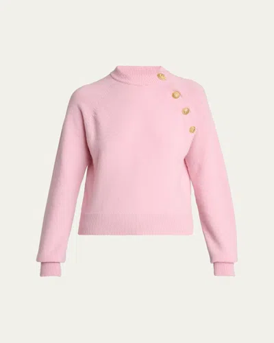 Balmain Buttoned Eco-cashmere Crewneck Sweater In Pink