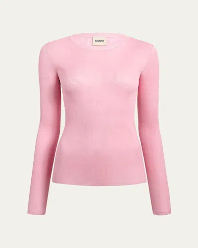 Khaite Mosi Silk Rib Long-sleeve Top In Pink
