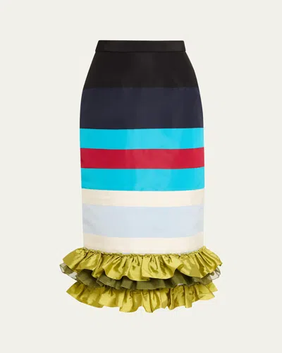 Christopher John Rogers Striped Embroidered Ruffle-hem Midi Skirt In Multi