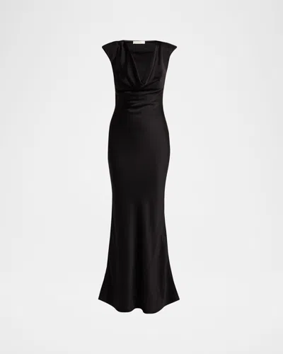 The Row Tefra Cowl-neck Satin Strong-shoulder Maxi Dress In Black