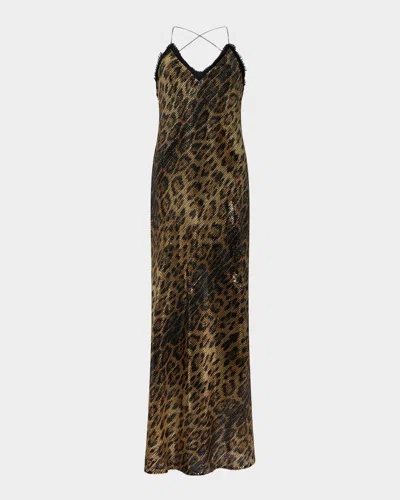 Roberto Cavalli Jaguar-print Sequined Backless Maxi Slip Dress In Brown