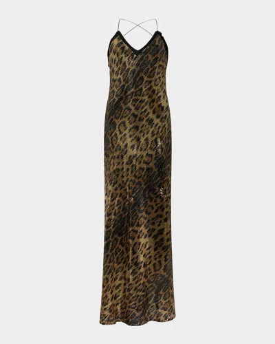 Roberto Cavalli Jaguar-print Sequined Backless Maxi Slip Dress In Brown