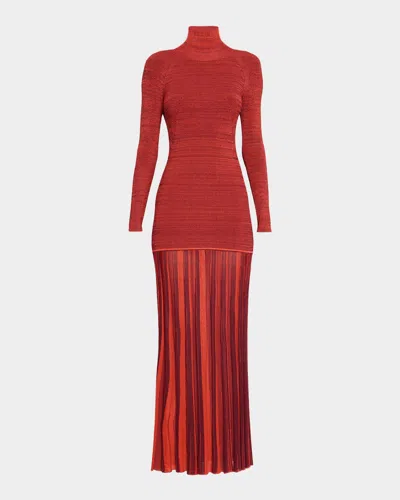 Christopher John Rogers Turtleneck Drop-waist Pleated Maxi Dress In Red