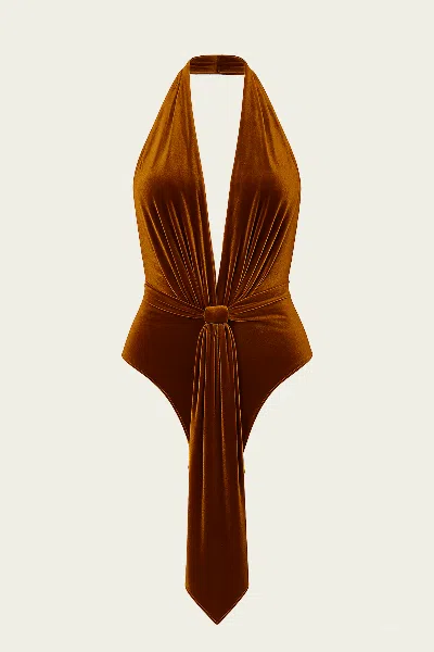 Ser.o.ya Vika Velvet Bodysuit In Marigold In Animal Print