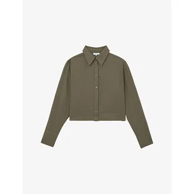 Reiss Womens Samson Cropped Cotton And Wool-blend Shirt Khaki Green In Green