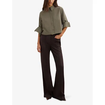 Reiss Womens Samson Cropped Cotton And Wool-blend Shirt Khaki Green In Green