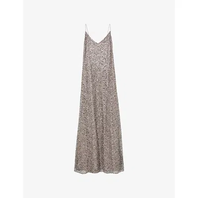 Reiss Womens Faye Embellished Sequin Maxi Gown Silver In Gray