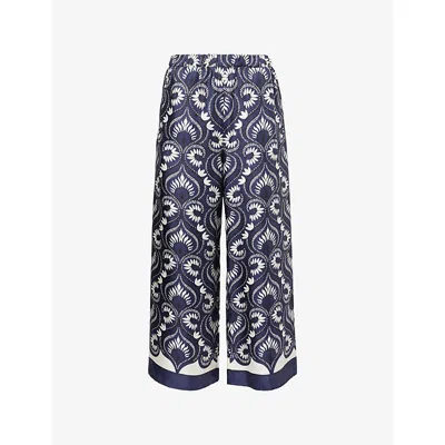 Weekend Max Mara Omens Graphic-print Straight-leg Silk Trousers Navy In Blue