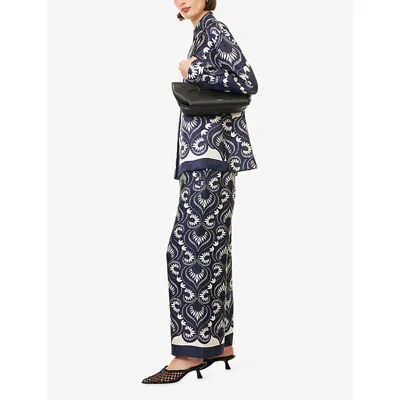 Weekend Max Mara Omens Graphic-print Straight-leg Silk Trousers Navy In Blue