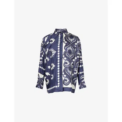 Weekend Max Mara Omens Graphic-print Patch-pocket Silk Blouse Navy In Blue