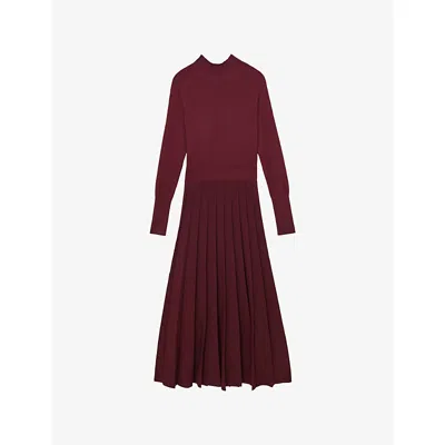 Reiss Womens Alicia Belted Knit Pleated Midi Dress Raspberry Red Xs In Red