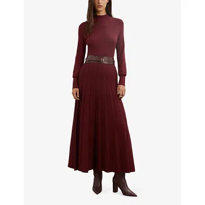 Reiss Womens Alicia Belted Knit Pleated Midi Dress Raspberry Red Xs In Red