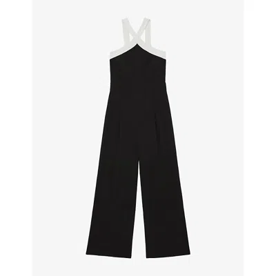 Reiss Womens Cliona Colour-block Stretch-woven Jumpsuit Black Cream In Black