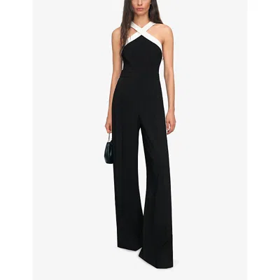 Reiss Womens Cliona Colour-block Stretch-woven Jumpsuit Black Cream In Black