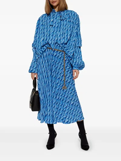 Balenciaga Patterned Draped Midi Dress In Blue