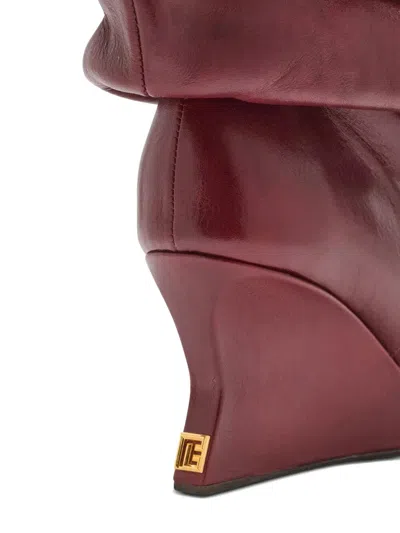 Balmain Ankle Boot Wedge-textured Leather In Burgundy