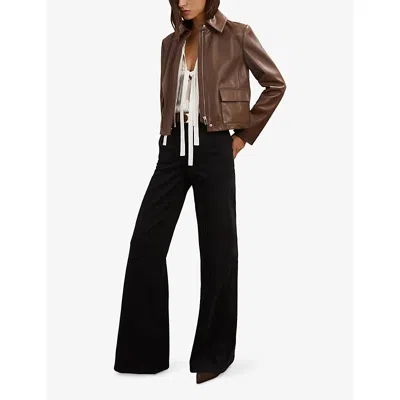 Reiss Womens Drew Classic-collar Leather Jacket Mocha Brown In Brown