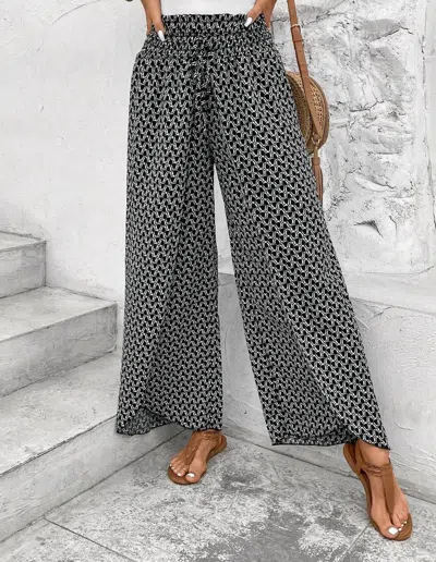 Shewin Shirred Side Slit Wide Leg Pants In Black Floral In Black