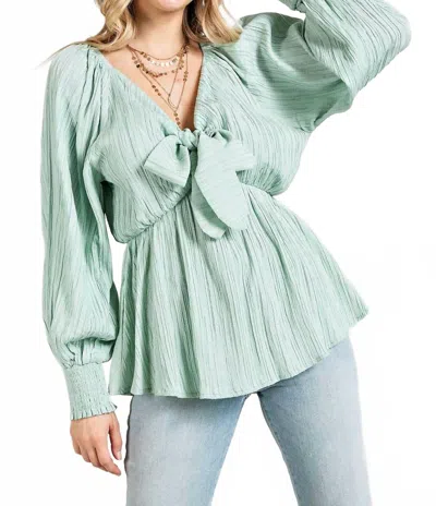 143 Story Long Sleeve Tie Front Top In Sage In Green