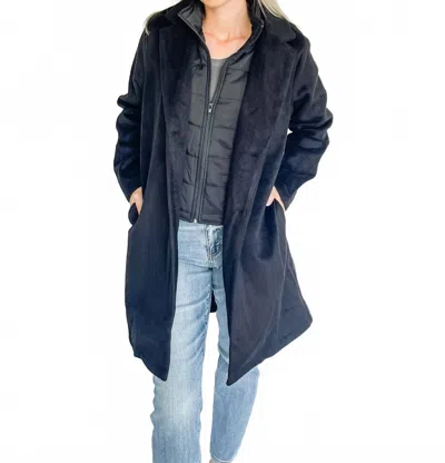 Hem & Thread Velvet Touch Longline Coat In Black In Blue