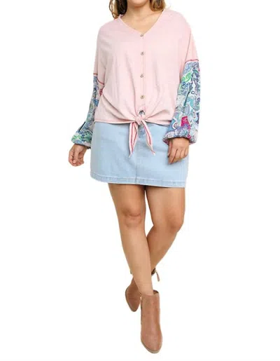 Umgee Paisley Puff Sleeve Knotted Top In Blush In Pink