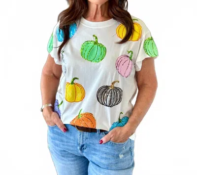 Queen Of Sparkles Multi Pumpkin Tee Top In White In White