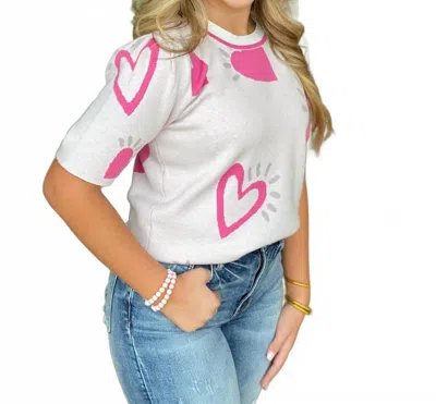 Fate Heart Short Sleeve Sweater Top In Pink In White