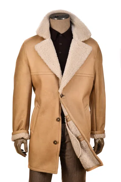 Hettabretz Leather Curly Shearling Overcoat In Brown