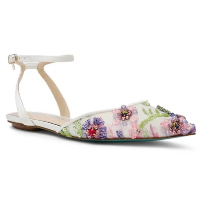 Betsey Johnson Garbo Jeweled Flats Women's Ivory Multi Ankle Strap Gal2057 In Multi