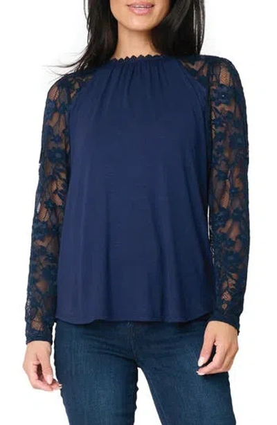 Gibsonlook Cyndi Mix Velvet & Lace Sleeve Top In Blue