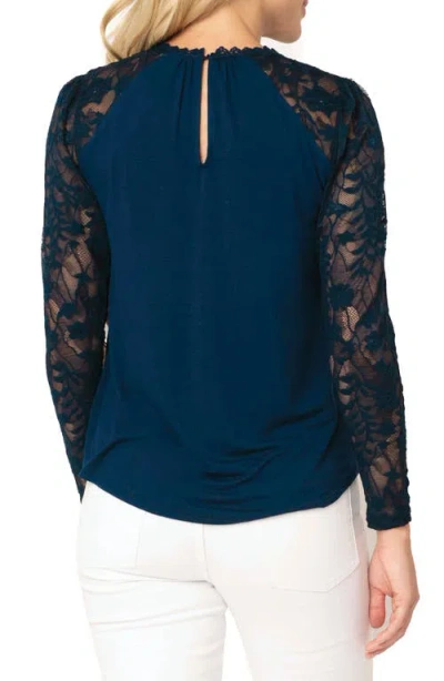 Gibsonlook Cyndi Mix Velvet & Lace Sleeve Top In Blue