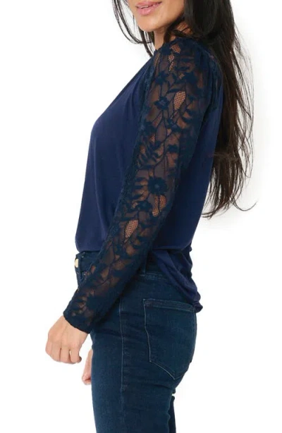 Gibsonlook Cyndi Mix Velvet & Lace Sleeve Top In Blue