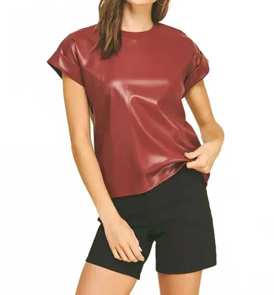Pinch Faux Leather Cap Sleeve Top In Crimson In Brown