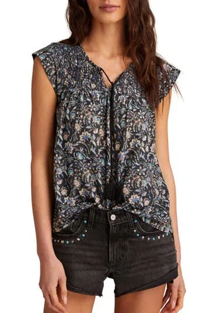 Lucky Brand Floral Cap Sleeve Split Neck Top In Black