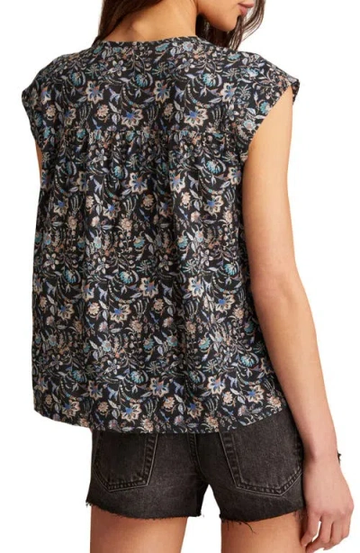 Lucky Brand Floral Cap Sleeve Split Neck Top In Black