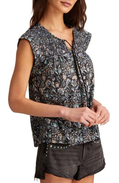 Lucky Brand Floral Cap Sleeve Split Neck Top In Black