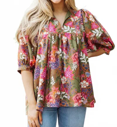 J.marie Hayes Puff Sleeve Tunic Top In Pink In Multi