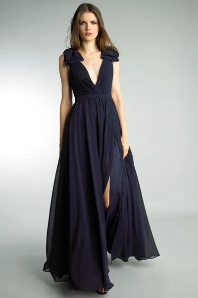 Basix Black Label Pleated Deep V Gown In Blue