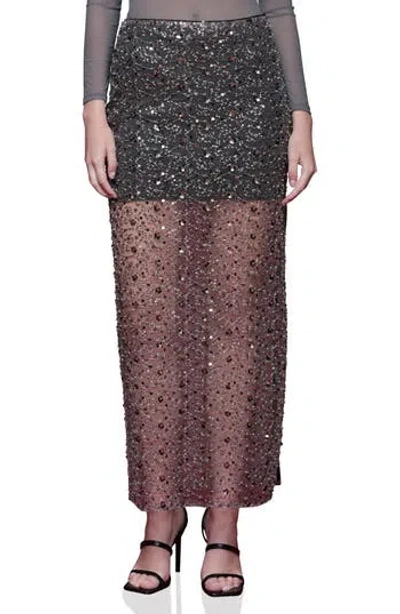 Avec Les Filles Sequin Mesh Side Slit Maxi Skirt In Gray