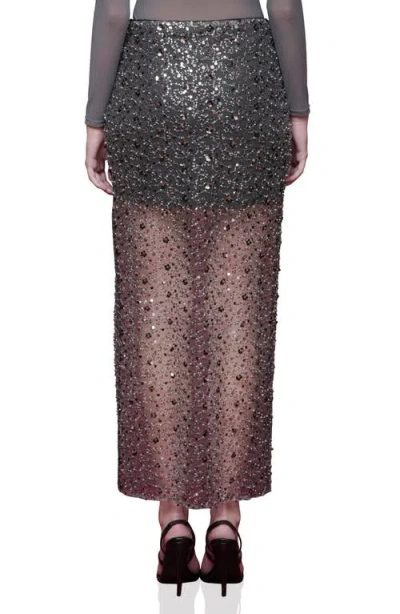Avec Les Filles Sequin Mesh Side Slit Maxi Skirt In Gray