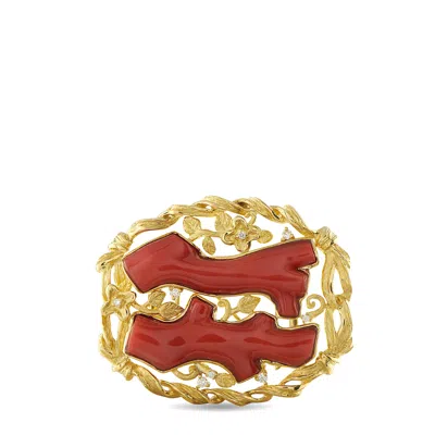 Lb Exclusive 18k Yellow Gold 0.21ct Diamond And Coral Brooch Mf01-110625 In Gold