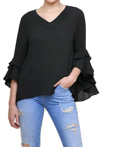 Umgee Layered Ruffle High Low Sleeve Blouse In Black In Black