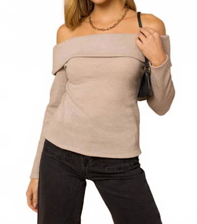 Gilli Long Sleeve Off Shoulder Back Cross Glitter Rib Top In Nude In Neutral