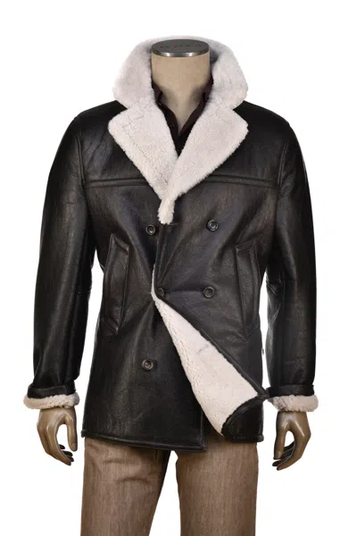 Hettabretz Leather Shearling Double-breasted Overcoat In Black