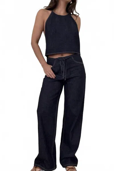 Beige Botany Denim Halter Top And Tie Pants In Navy Blue In Blue