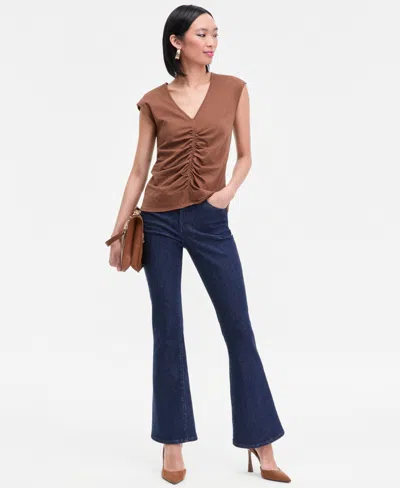 Inc International Concepts Women's Cotton Ruched V-neck Top, Macy's Exclusive In Brown