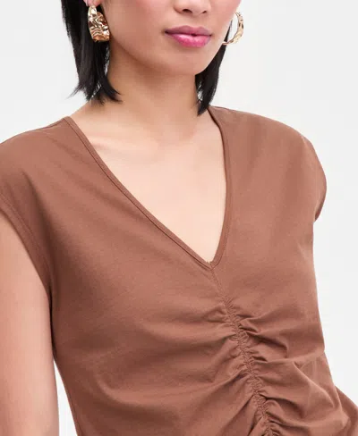 Inc International Concepts Women's Cotton Ruched V-neck Top, Macy's Exclusive In Brown