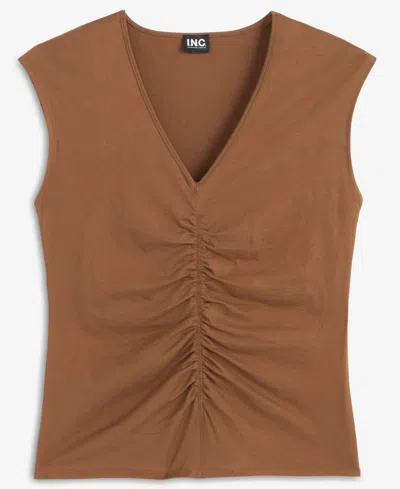 Inc International Concepts Women's Cotton Ruched V-neck Top, Macy's Exclusive In Brown